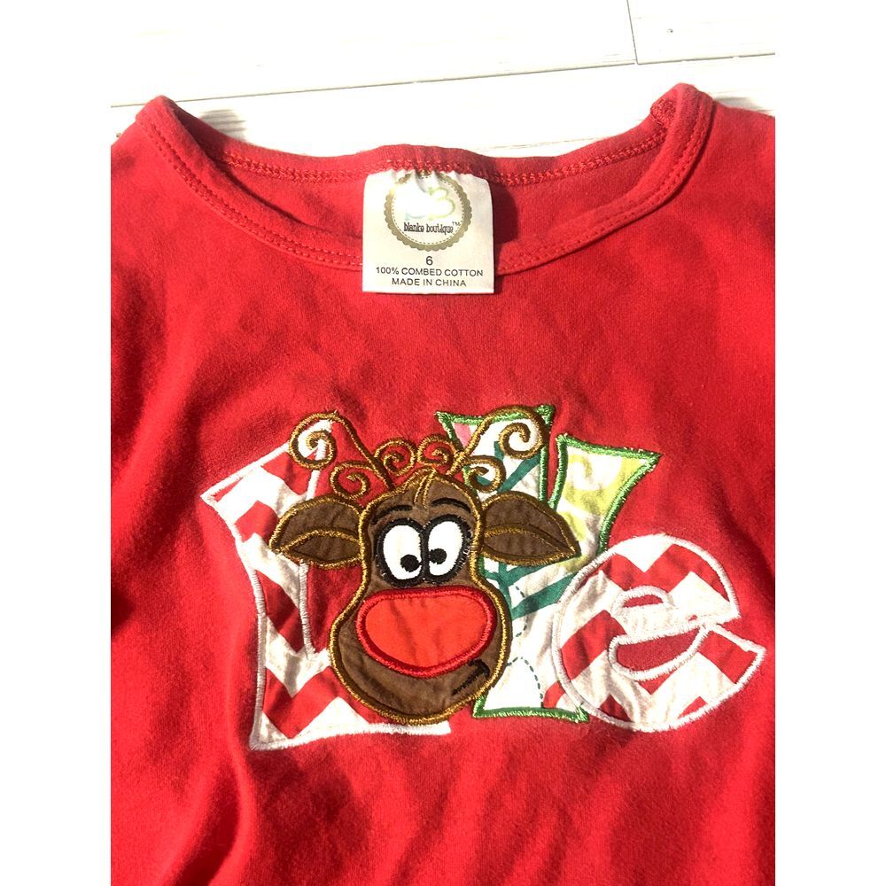 Blanks Boutique BB Red RUffle shirt applique Roudolph Love‎ Christmas size 6